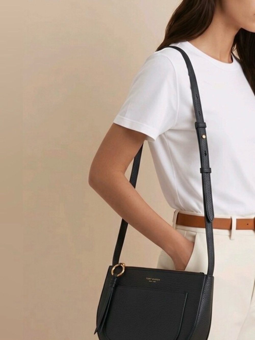 Tory Burch Black Leather Crossbody with Gold Ring Detail